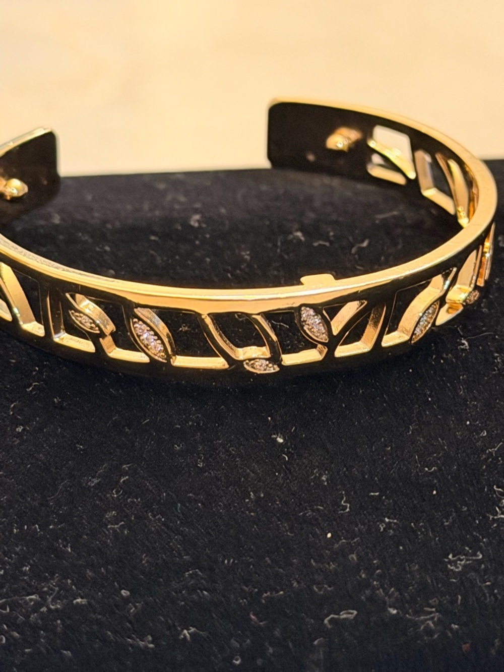 Gold Leaf Cutout Cuff Bracelet with Crystal Accents - Women Jewelry - Picture 2 of 5